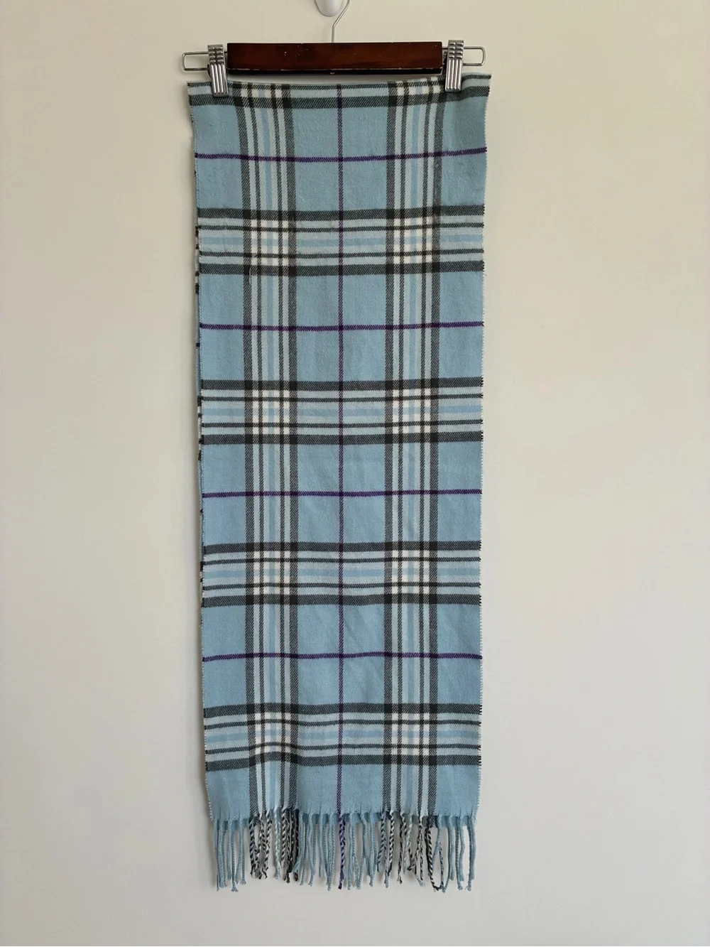Light Blue Plaid Fringe Cashmere Scarf